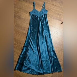 Victoria's Secret Vintage Gold Label Satin Teal Lingerie Lace Nightgown Dress XS